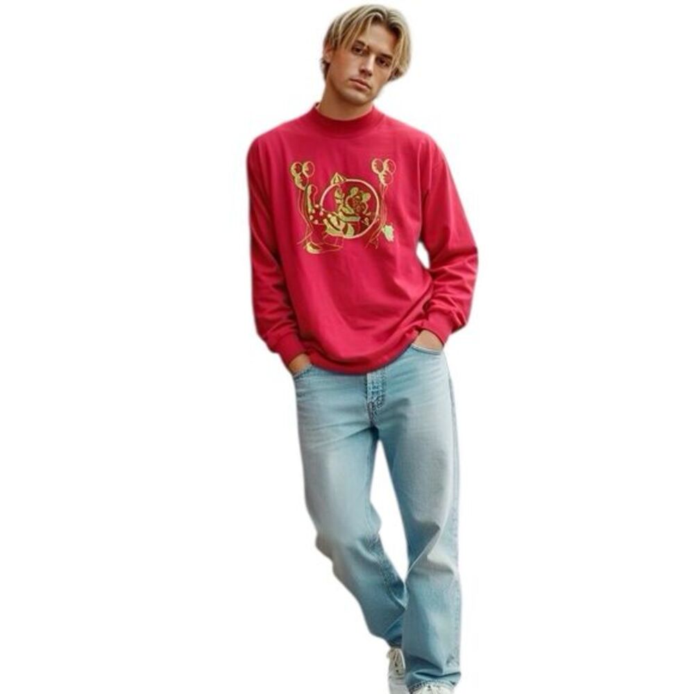 VTG 90s Anvil Cotton Deluxe Mock Neck Long Sleeve T-Shirt XL USA Graphic Skater